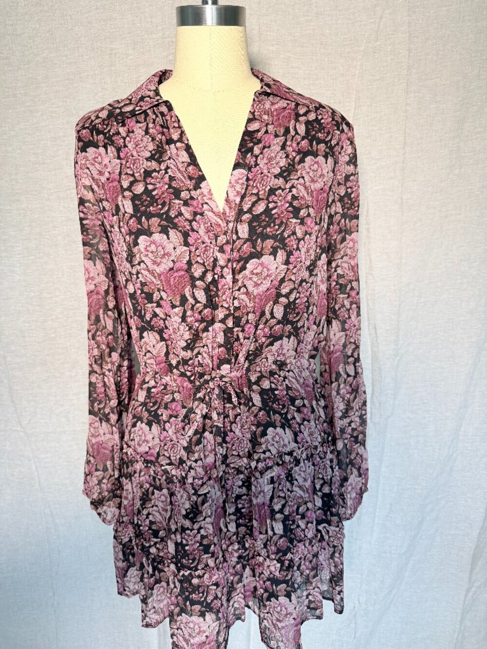 PAIGE 100% Silk Floral Wrap Dress | Black Mauve | Size Small